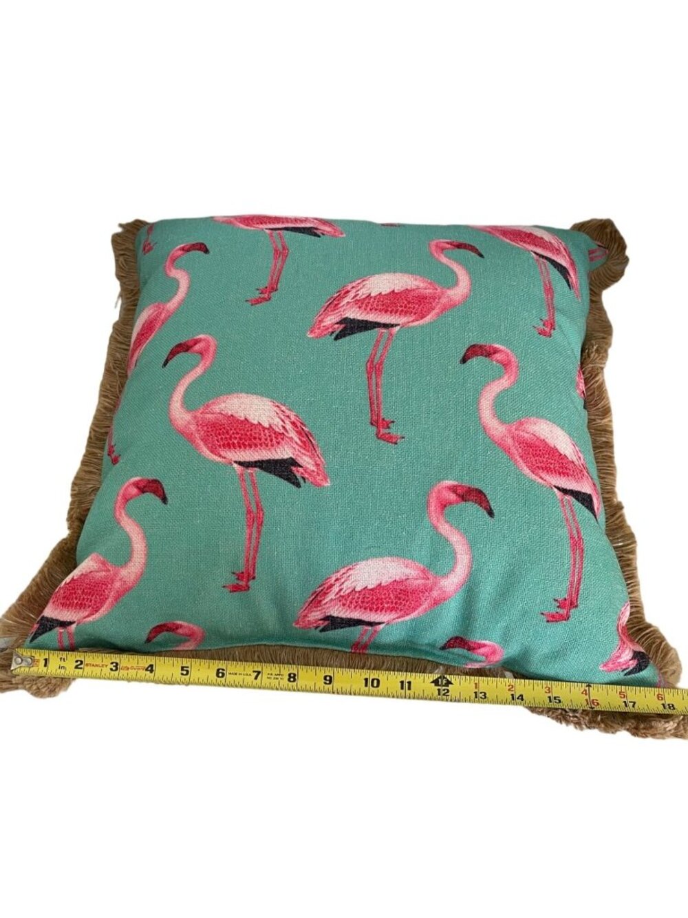 NEWPORT 18x18 Pink Flamingo Throw Pillow Cushion Aqua Turquoise Coastal Fringe - Picture 6 of 9
